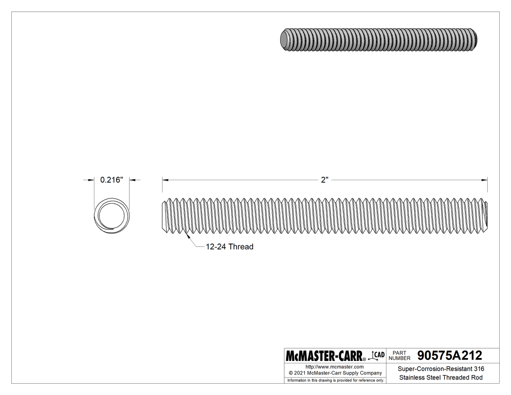 Technical Drawing of Super-Corrosion-Resistant 316 Stainless Steel Threaded Rod, 12-24 Thread Size, 2" Long.